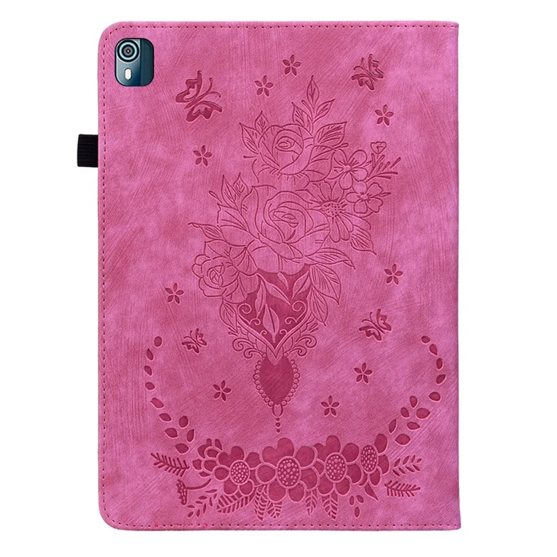 Stand Tablet Case for Nokia T10 , Card Slots Imprinted PU Leather Anti-drop Tablet Cover - Rose