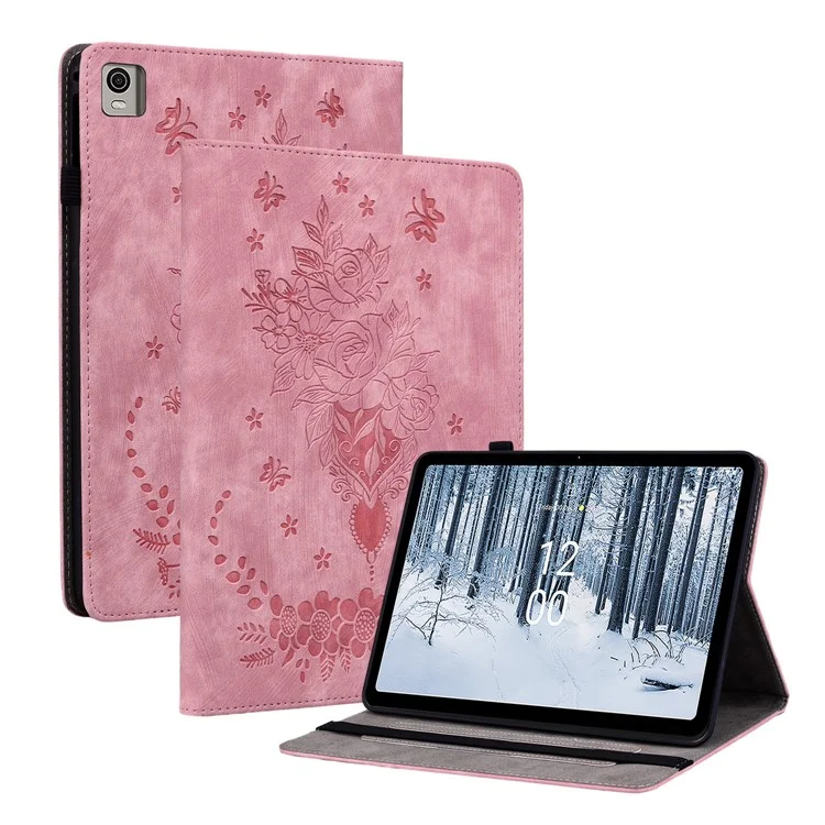 Stand Leather Tablet Cover for Nokia T21 , Card Slots Imprinted Tablet Case with Elastic Band Design - Pink