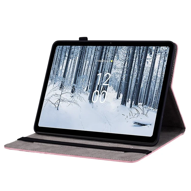 Stand Leather Tablet Cover for Nokia T21 , Card Slots Imprinted Tablet Case with Elastic Band Design - Pink