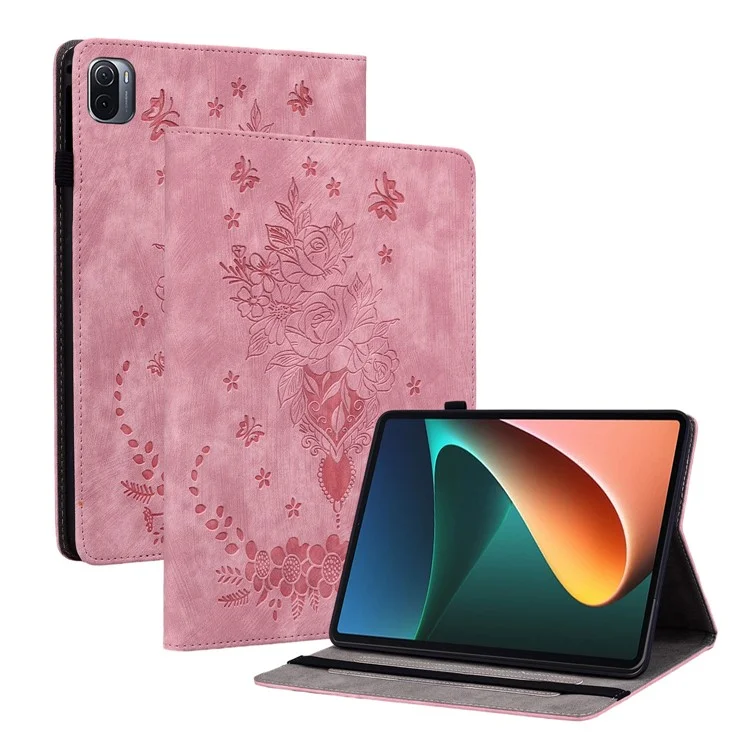 Para Xiaomi Pad 5 / Pad 5 Pro Card Holder Tablet Case Foldable Stand Imprinted Leather Tablet Cover - Pink