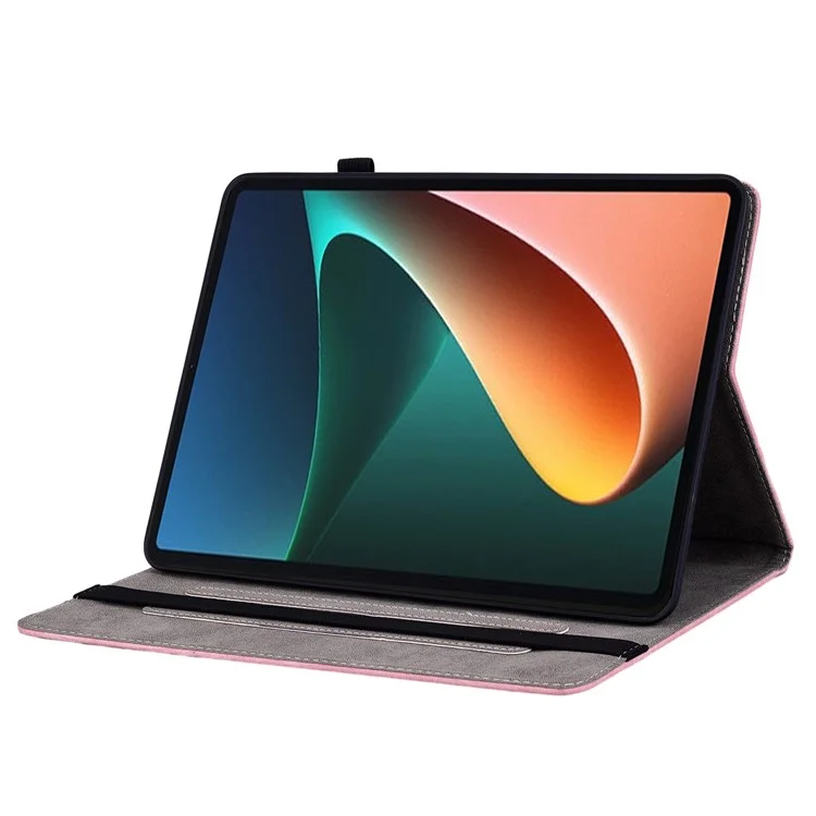 Para Xiaomi Pad 5 / Pad 5 Pro Card Holder Tablet Case Foldable Stand Imprinted Leather Tablet Cover - Pink