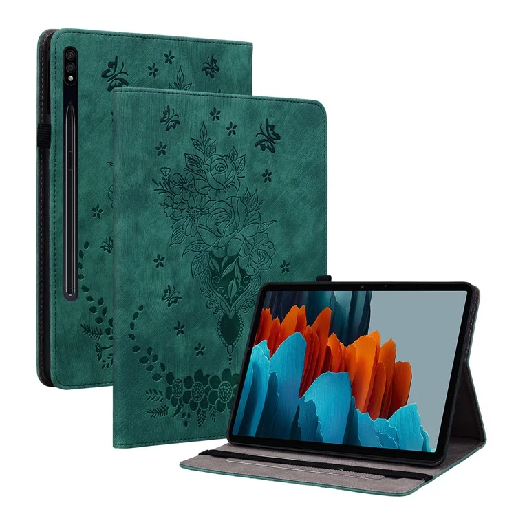 For Samsung Galaxy Tab S7+ / S7 FE / S8+ Imprinted Cover with Pen Holder PU Leather Stand Tablet Case - Green