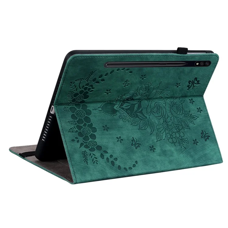 For Samsung Galaxy Tab S7+ / S7 FE / S8+ Imprinted Cover with Pen Holder PU Leather Stand Tablet Case - Green