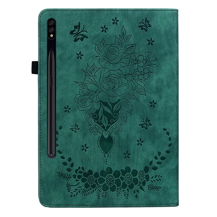 For Samsung Galaxy Tab S7+ / S7 FE / S8+ Imprinted Cover with Pen Holder PU Leather Stand Tablet Case - Green