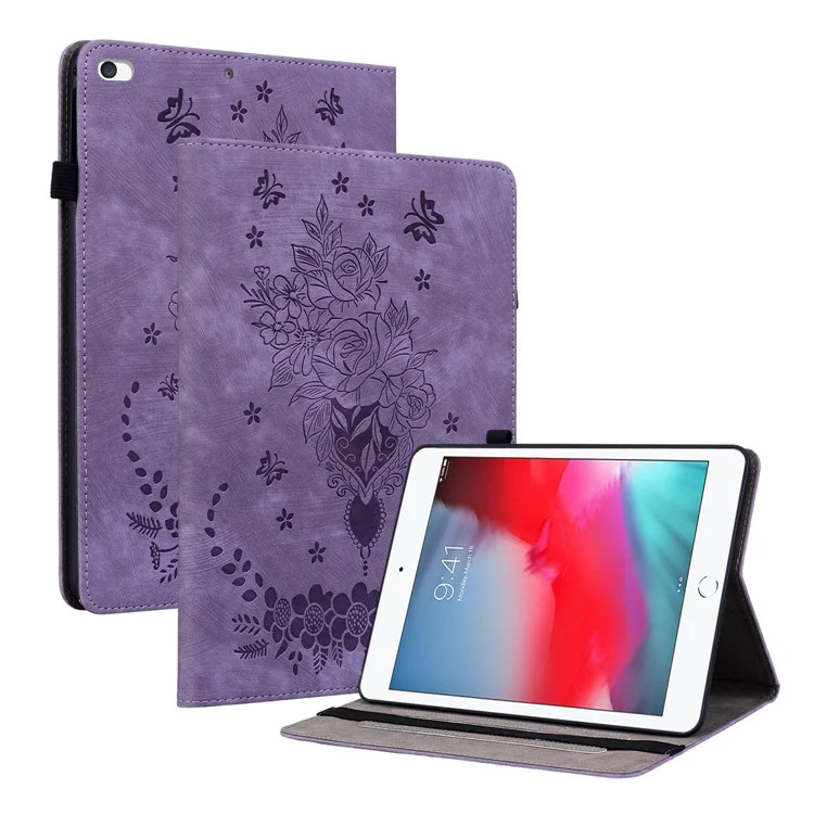 Für iPad Mini / Mini 2 / mini 3 / mini 4 / mini (2019) 7,9 Zoll PU-Leder-Kartenhalter-Ständer-Gehäuse mit geprägtem Tablet-Anti-Drop-Cover - Lila