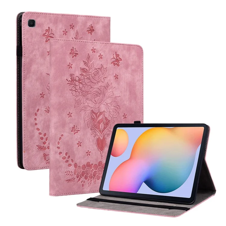 Para Samsung Galaxy Tab S6 Lite / Tab S6 Lite (2022) Cubierta de la Tarjeta de la Tarjeta de la Caja Del Soporte de Cuero Impreso de Mariposa Rose Rose - Rosa