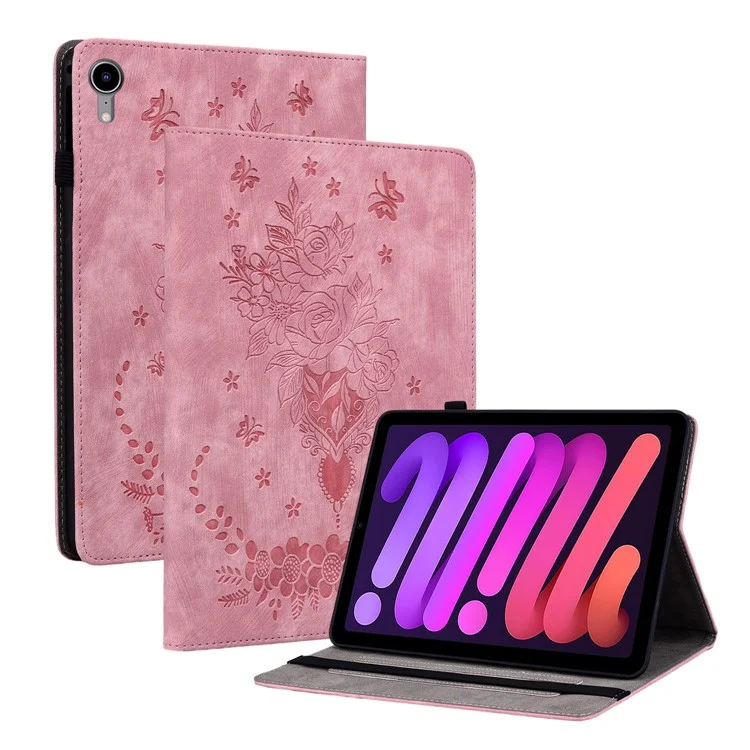 For iPad mini (2024) / mini (2021) PU Leather Card Holder Shell Butterfly Rose Imprinted Tablet Stand Case - Pink