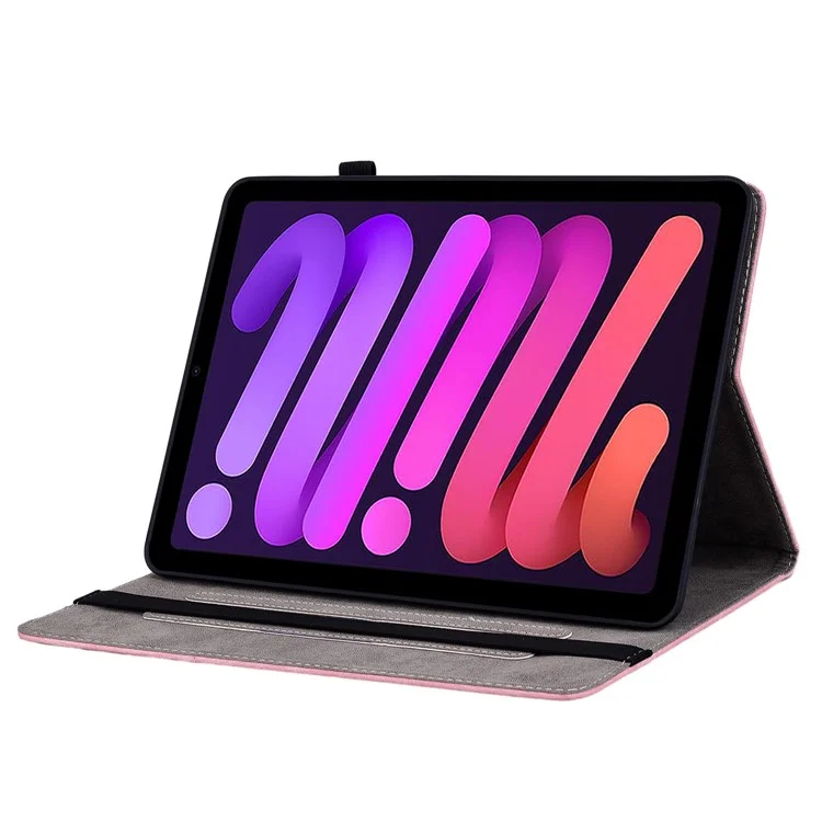 For iPad mini (2024) / mini (2021) PU Leather Card Holder Shell Butterfly Rose Imprinted Tablet Stand Case - Pink