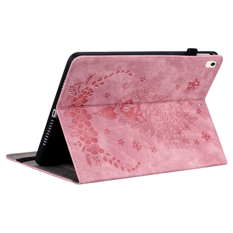 For iPad Air (2013) / Air 2 / iPad 9.7-inch (2017) / (2018) PU Leather Stand Shell Butterfly Rose Imprinted Tablet Case with Card Slots - Pink