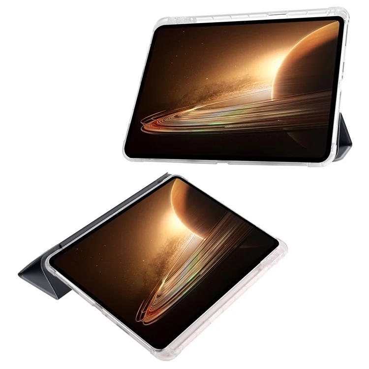 Para Oppo Pad 2 Tri-Fold Stand Tablet Case PU Leather Transparent Back Protective Cover with Pencil Holder - Black