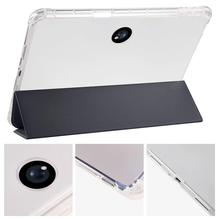 Para Oppo Pad 2 Tri-Fold Stand Tablet Case PU Leather Transparent Back Protective Cover with Pencil Holder - Black