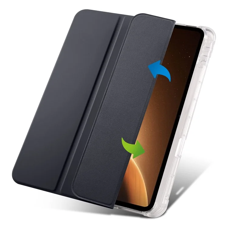 Para Oppo Pad 2 Tri-Fold Stand Tablet Case PU Leather Transparent Back Protective Cover with Pencil Holder - Black
