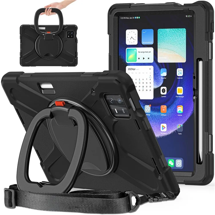 For Xiaomi Pad 6 PC+Silicone Rugged Protective Cover Rotating Kickstand Tablet Case with Shoulder Strap - Black+Black
