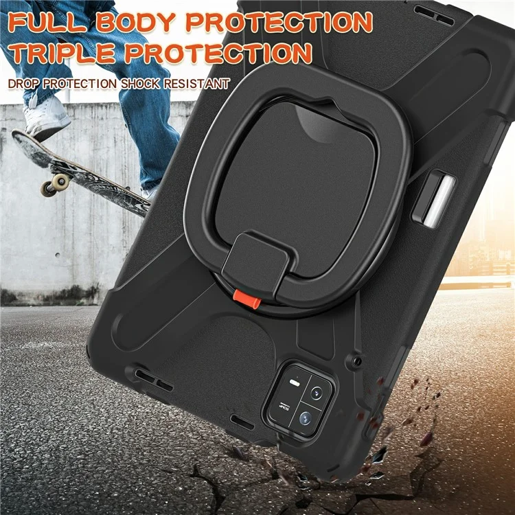 For Xiaomi Pad 6 PC+Silicone Rugged Protective Cover Rotating Kickstand Tablet Case with Shoulder Strap - Black+Black