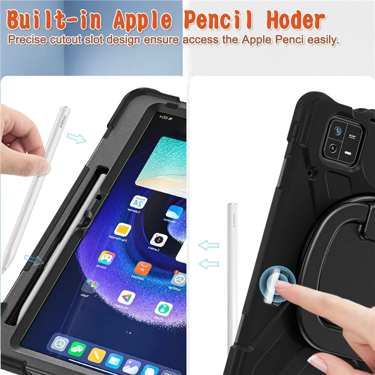 For Xiaomi Pad 6 PC+Silicone Rugged Protective Cover Rotating Kickstand Tablet Case with Shoulder Strap - Black+Black