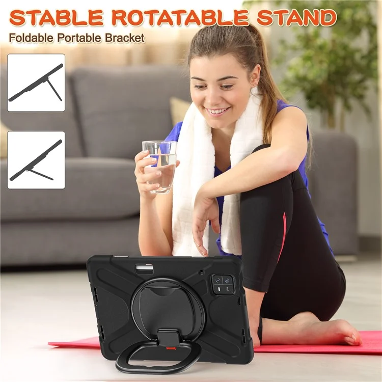 For Xiaomi Pad 6 PC+Silicone Rugged Protective Cover Rotating Kickstand Tablet Case with Shoulder Strap - Black+Black