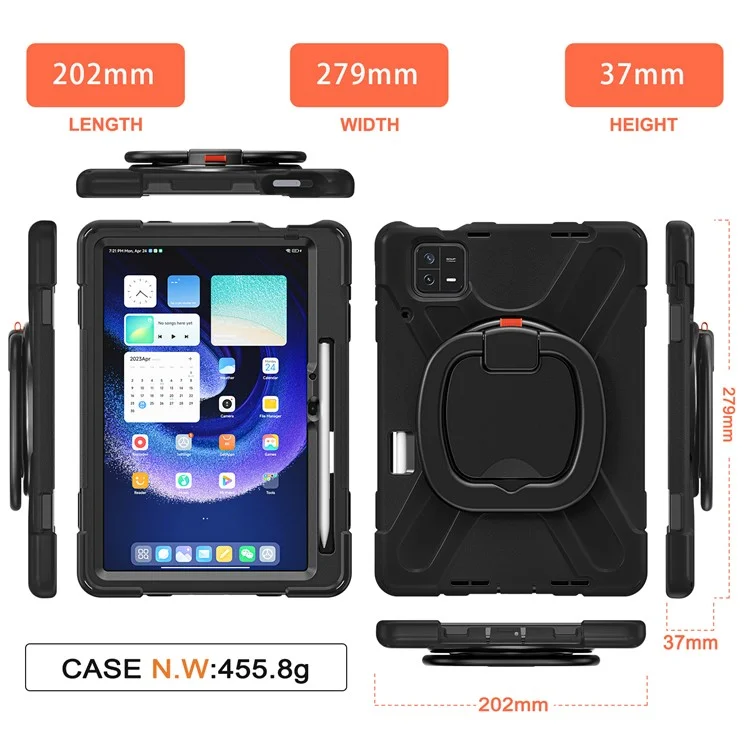 For Xiaomi Pad 6 PC+Silicone Rugged Protective Cover Rotating Kickstand Tablet Case with Shoulder Strap - Black+Black