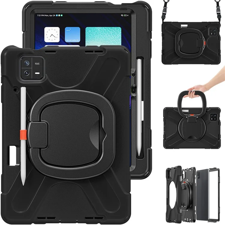 For Xiaomi Pad 6 PC+Silicone Rugged Protective Cover Rotating Kickstand Tablet Case with Shoulder Strap - Black+Black