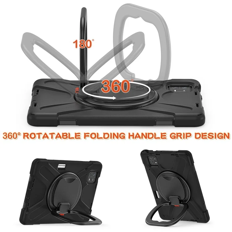 For Xiaomi Pad 6 PC+Silicone Rugged Protective Cover Rotating Kickstand Tablet Case with Shoulder Strap - Black+Black