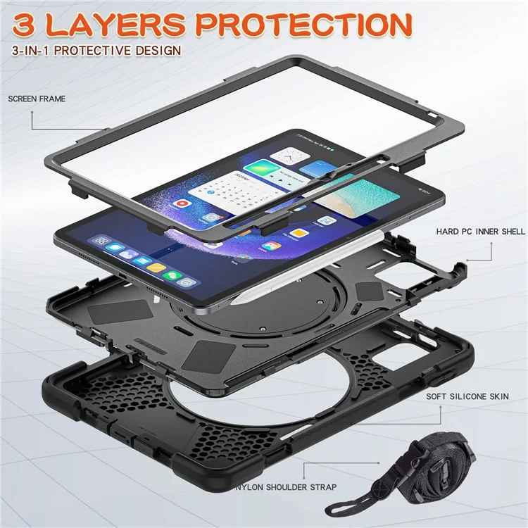 For Xiaomi Pad 6 PC+Silicone Rugged Protective Cover Rotating Kickstand Tablet Case with Shoulder Strap - Black+Black