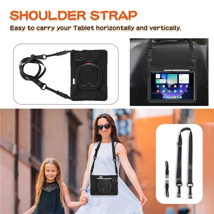 For Xiaomi Pad 6 PC+Silicone Rugged Protective Cover Rotating Kickstand Tablet Case with Shoulder Strap - Black+Black