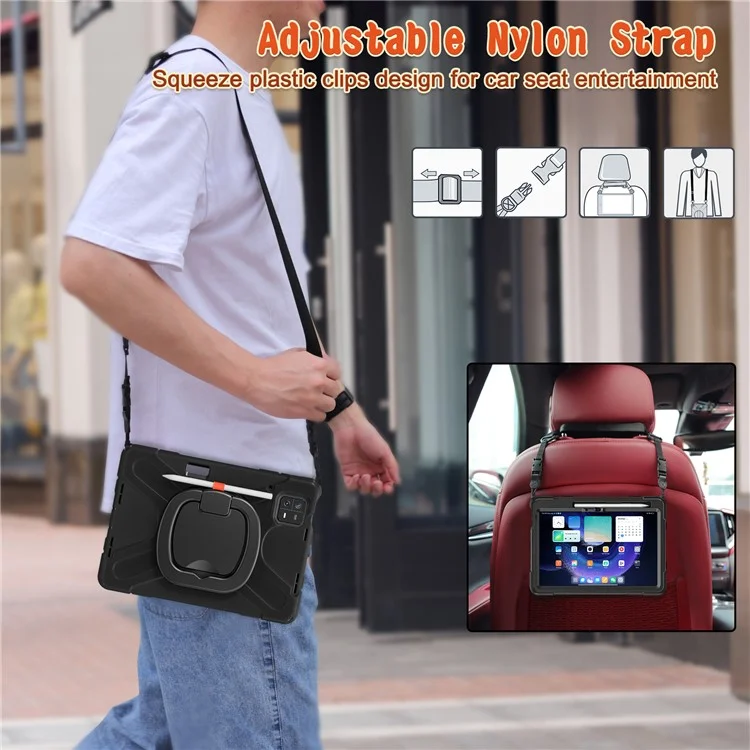 For Xiaomi Pad 6 PC+Silicone Rugged Protective Cover Rotating Kickstand Tablet Case with Shoulder Strap - Black+Black