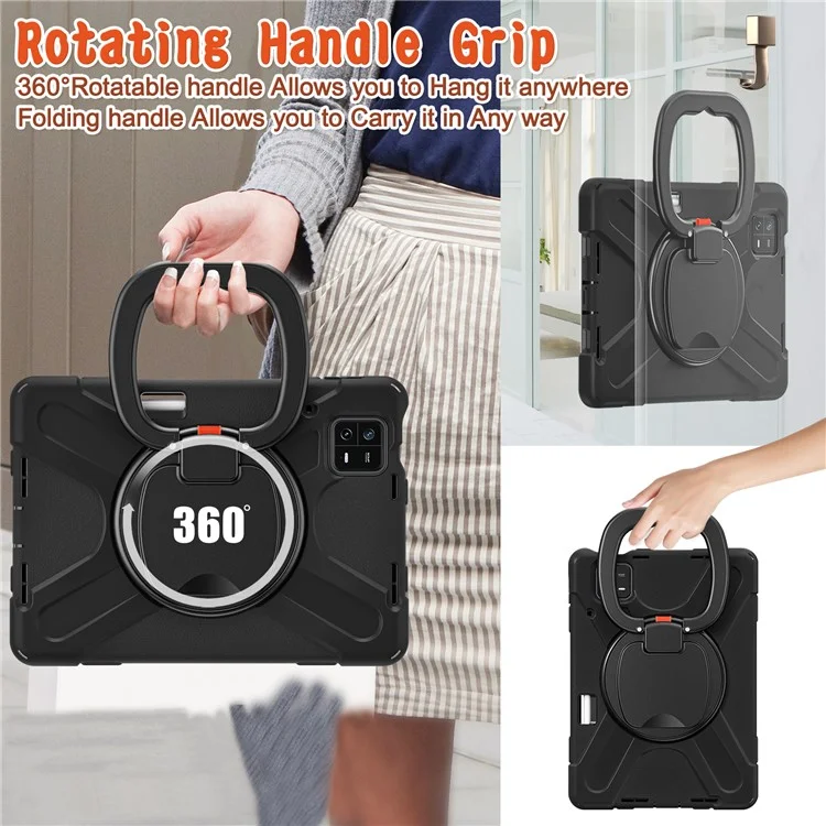 For Xiaomi Pad 6 PC+Silicone Rugged Protective Cover Rotating Kickstand Tablet Case with Shoulder Strap - Black+Black