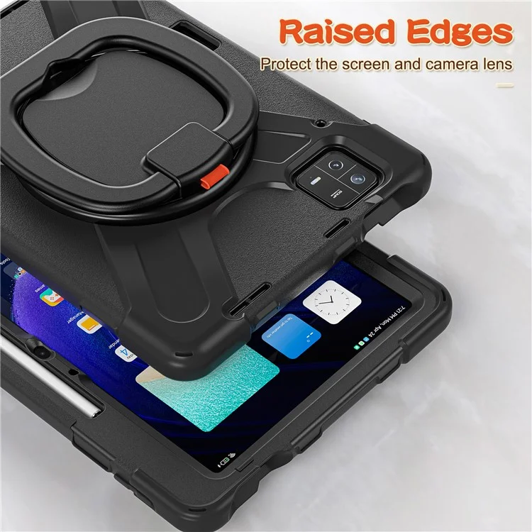 For Xiaomi Pad 6 PC+Silicone Rugged Protective Cover Rotating Kickstand Tablet Case with Shoulder Strap - Black+Black