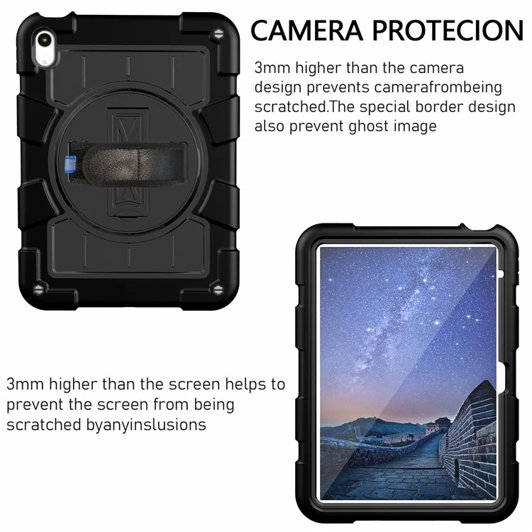 For iPad 10.9 (2022) TPU+PC Tablet Case Rotating Hand Strap Kickstand Cover with Shoulder Strap - Black