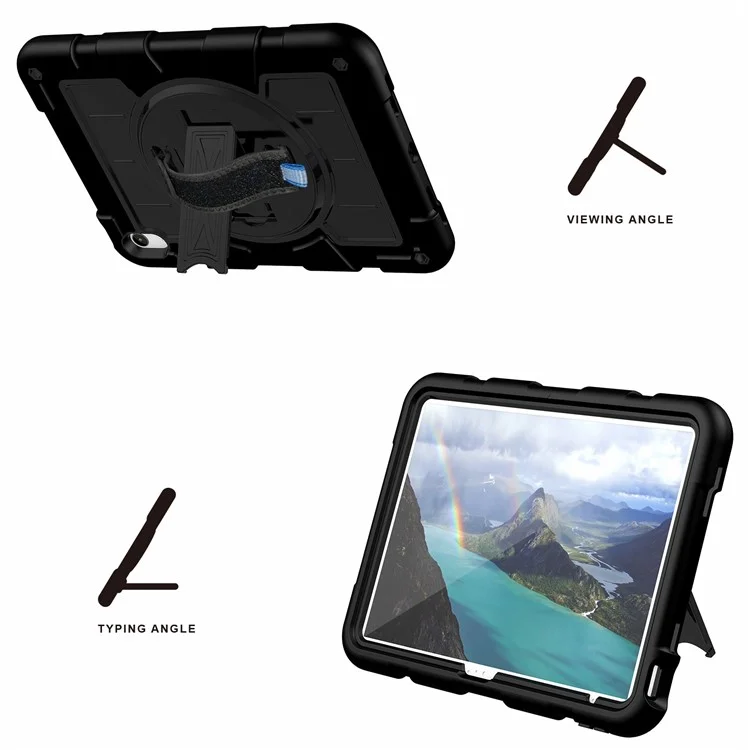 For iPad 10.9 (2022) TPU+PC Tablet Case Rotating Hand Strap Kickstand Cover with Shoulder Strap - Black