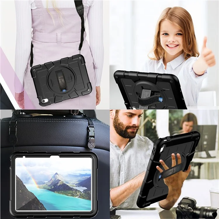 For iPad 10.9 (2022) TPU+PC Tablet Case Rotating Hand Strap Kickstand Cover with Shoulder Strap - Black