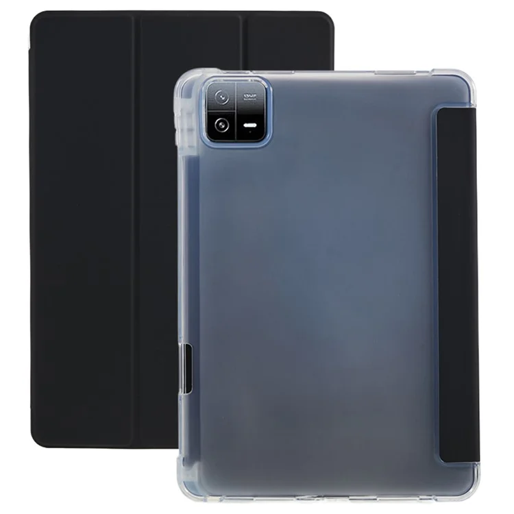 Para Xiaomi Pad 6 / Pad 6 Pro, estuche de tableta con soporte de tríptico de PU, funda trasera transparente y funda inteligente con soporte para lápiz - Negro