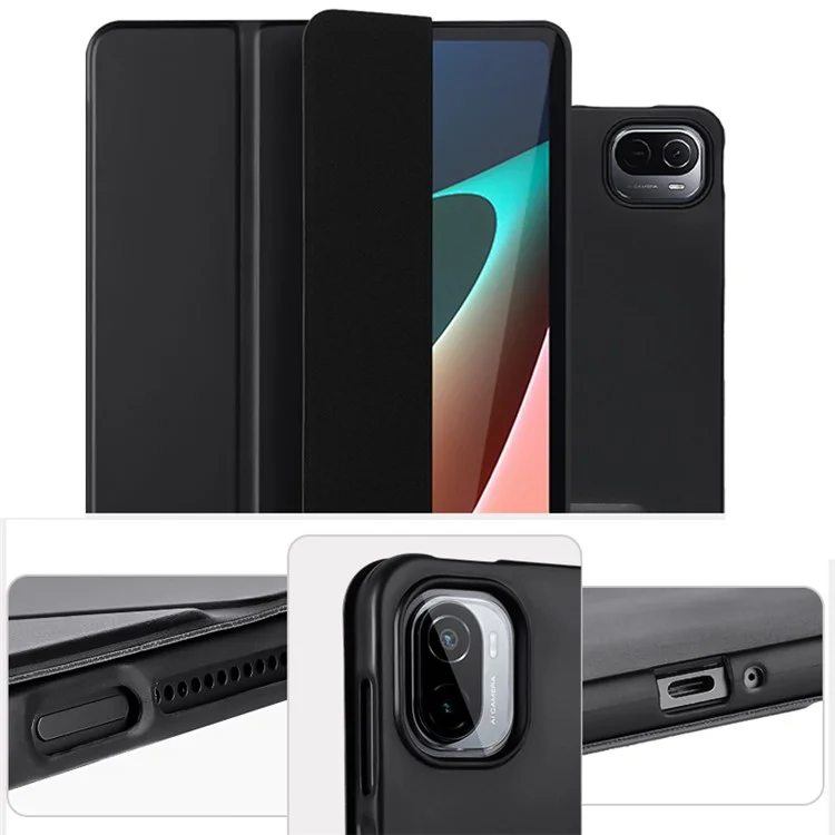 Para Xiaomi Pad 5 / Pad 5 Pro Capa de Tablet com Suporte Tridobrável, Capa de Couro PU com TPU Interno, Função Automática de Despertar/Dormir - Preto