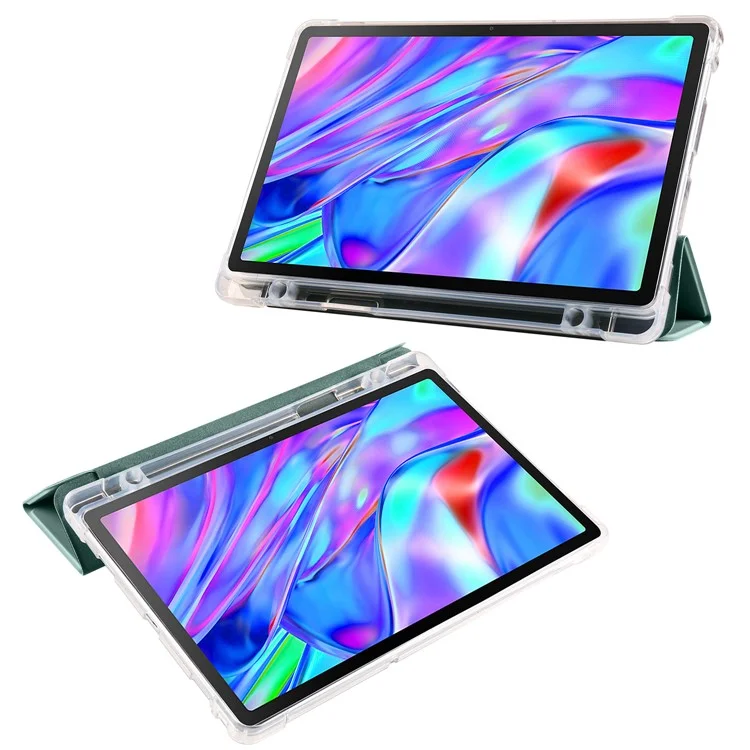 Para Lenovo Tab M10 Plus (3ª Geração) Caixa de Tablet Tri-Fold Stand Tampa Transparente de Couro PU Transparente Com Porta-lápis - Midnight Green