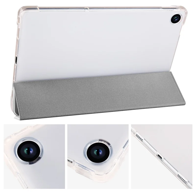 For Lenovo Tab M10 Plus (3rd Gen) Tri-Fold Stand Tablet Case Transparent Back PU Leather Flip Cover with Pencil Holder - Grey