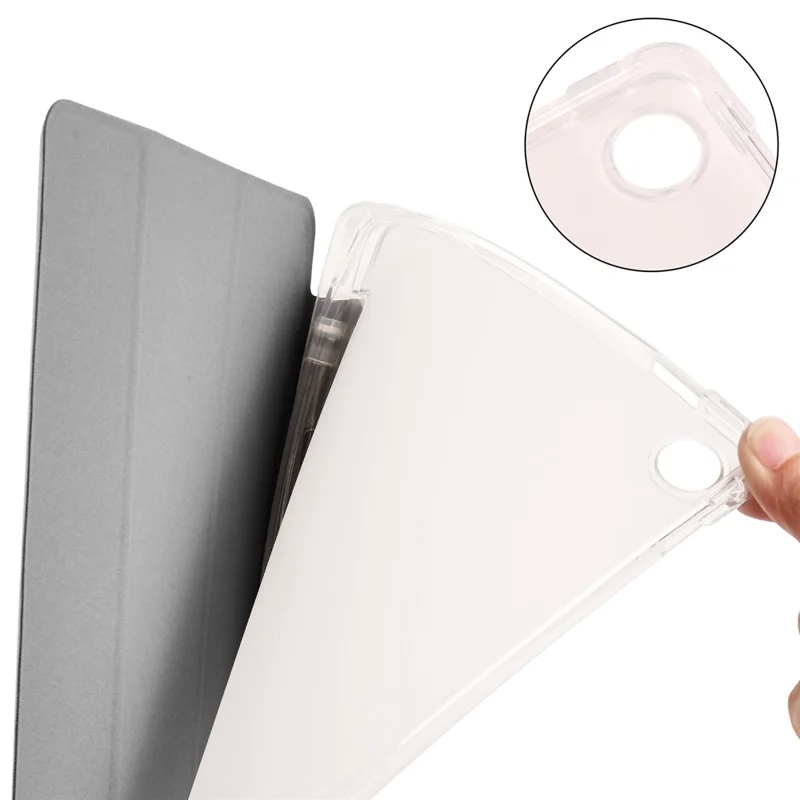 For Lenovo Tab M10 Plus (3rd Gen) Tri-Fold Stand Tablet Case Transparent Back PU Leather Flip Cover with Pencil Holder - Grey