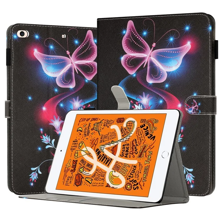 For iPad Mini / Mini 2 / mini 3 / mini 4 / mini (2019) 7.9 inch Pattern Printing Tablet Case Anti-Drop PU Leather Flip Cover - Fluorescent Butterfly