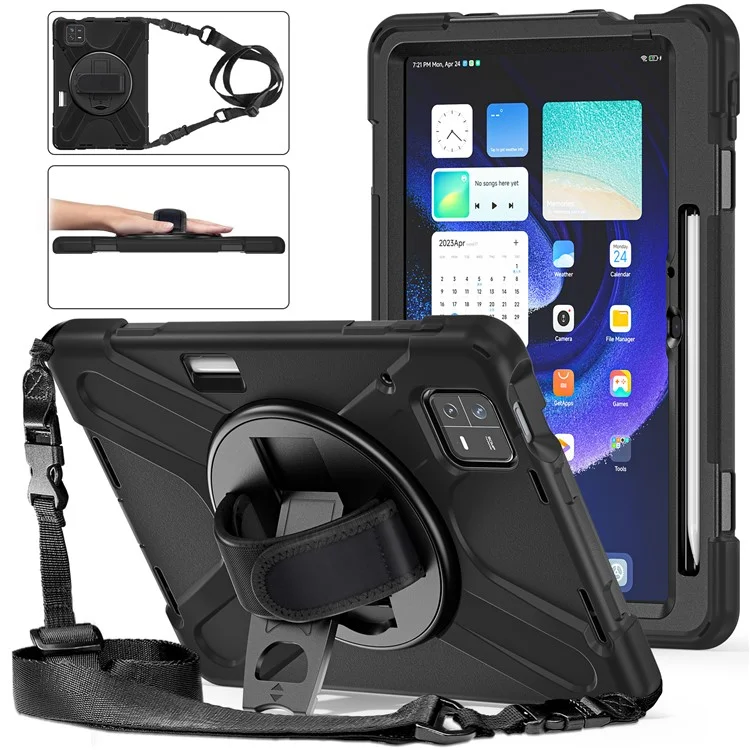 For Xiaomi Pad 6 / Pad 6 Pro Tablet Case PC+Silicone Kickstand Rugged Protective Cover with Hand Strap / Shoulder Strap - Black