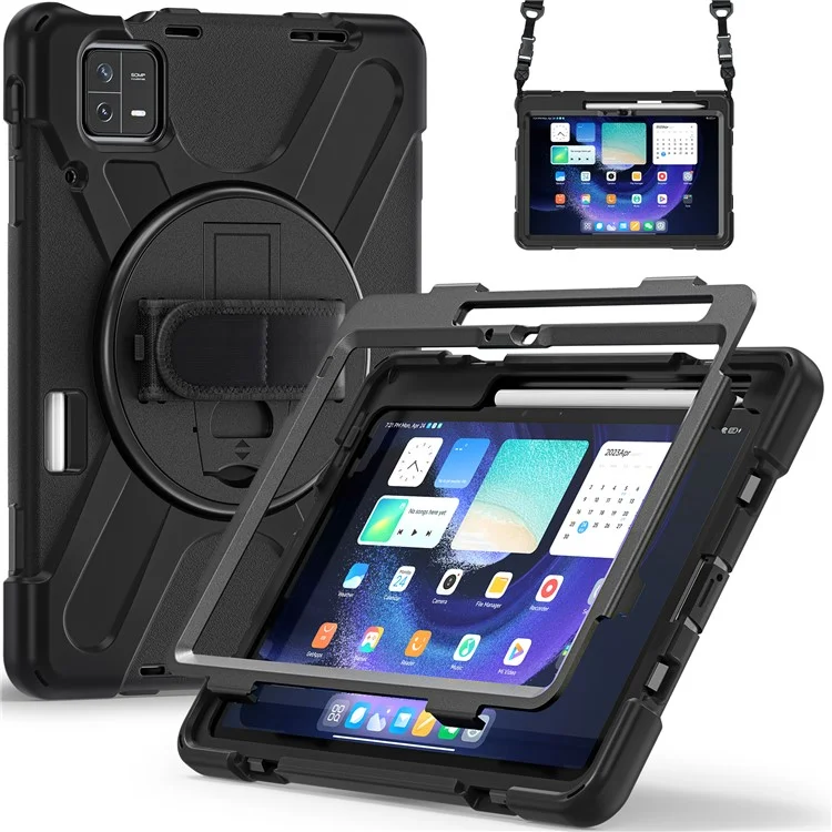 For Xiaomi Pad 6 / Pad 6 Pro Tablet Case PC+Silicone Kickstand Rugged Protective Cover with Hand Strap / Shoulder Strap - Black