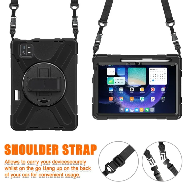 For Xiaomi Pad 6 / Pad 6 Pro Tablet Case PC+Silicone Kickstand Rugged Protective Cover with Hand Strap / Shoulder Strap - Black