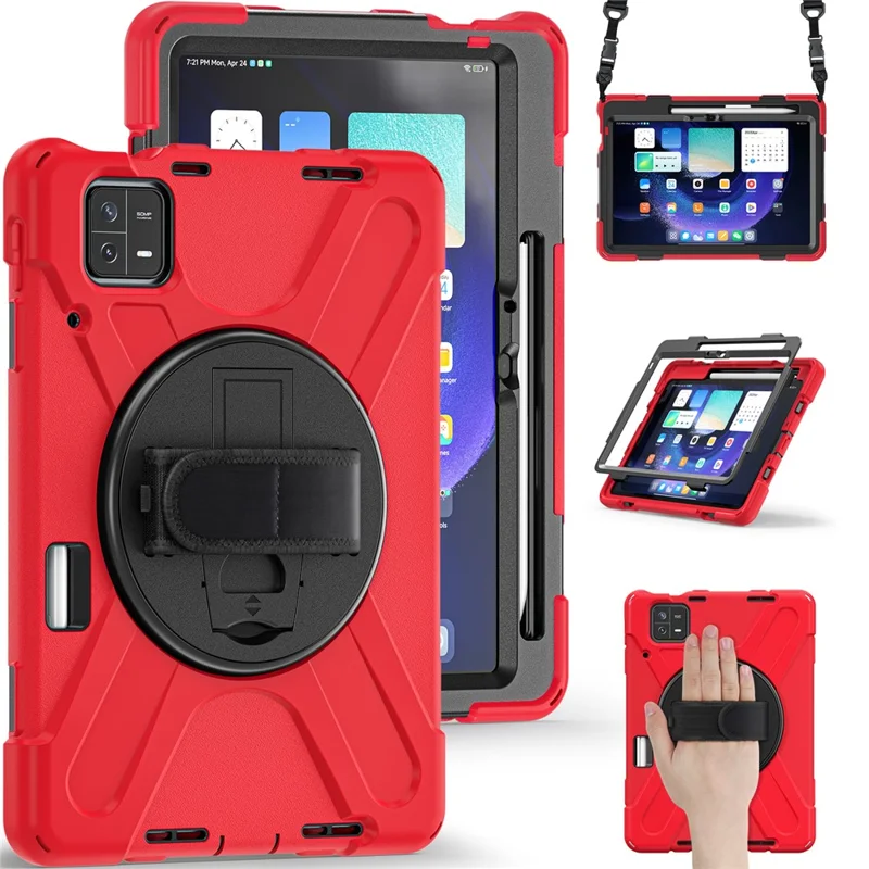 For Xiaomi Pad 6 / Pad 6 Pro Tablet Case PC+Silicone Kickstand Rugged Protective Cover with Hand Strap / Shoulder Strap - Red