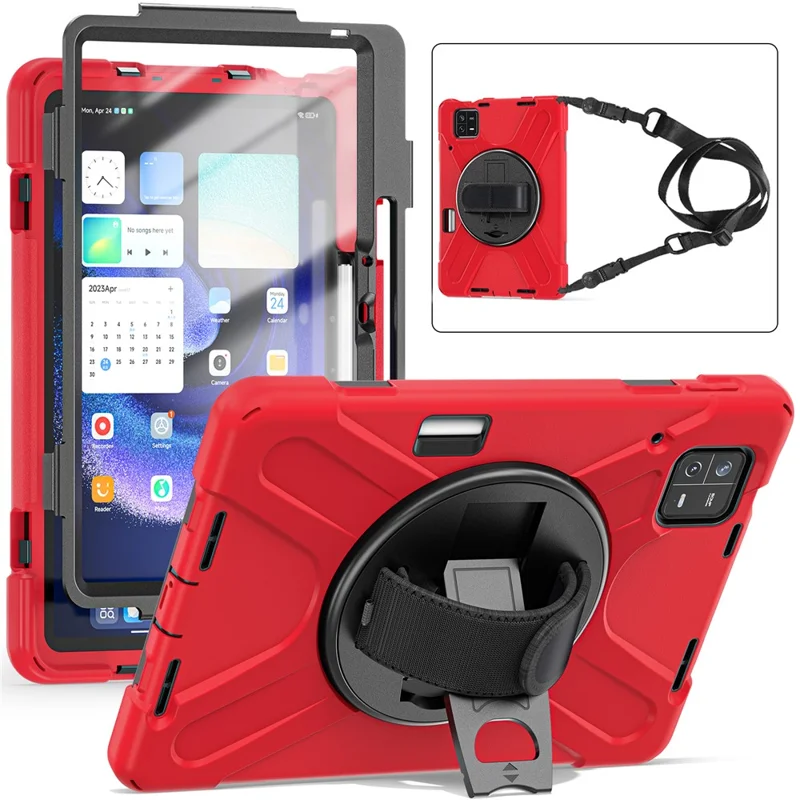 For Xiaomi Pad 6 / Pad 6 Pro Tablet Case PC+Silicone Kickstand Rugged Protective Cover with Hand Strap / Shoulder Strap - Red