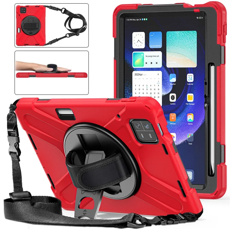 For Xiaomi Pad 6 / Pad 6 Pro Tablet Case PC+Silicone Kickstand Rugged Protective Cover with Hand Strap / Shoulder Strap - Red