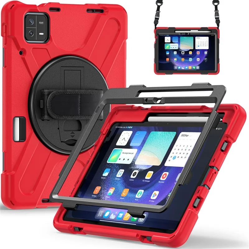 For Xiaomi Pad 6 / Pad 6 Pro Tablet Case PC+Silicone Kickstand Rugged Protective Cover with Hand Strap / Shoulder Strap - Red