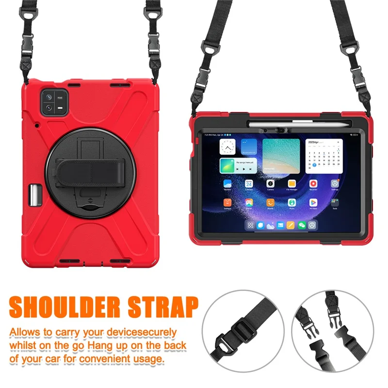 For Xiaomi Pad 6 / Pad 6 Pro Tablet Case PC+Silicone Kickstand Rugged Protective Cover with Hand Strap / Shoulder Strap - Red