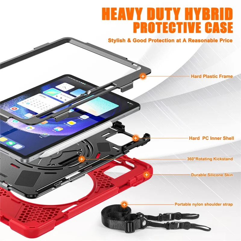 For Xiaomi Pad 6 / Pad 6 Pro Tablet Case PC+Silicone Kickstand Rugged Protective Cover with Hand Strap / Shoulder Strap - Red