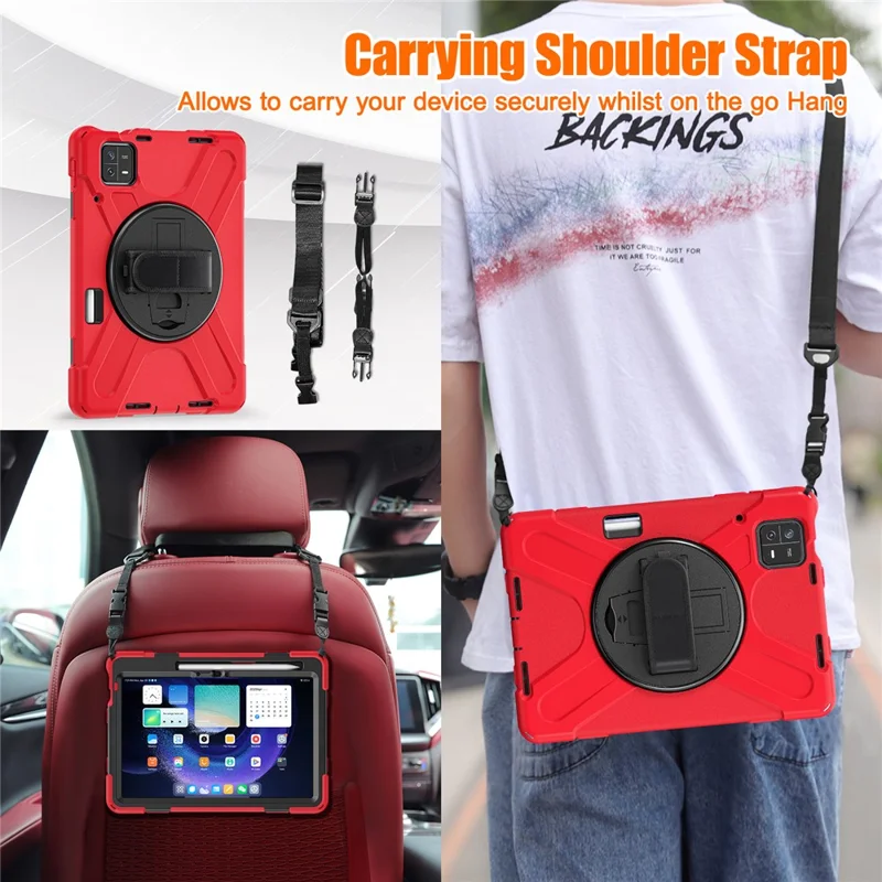 For Xiaomi Pad 6 / Pad 6 Pro Tablet Case PC+Silicone Kickstand Rugged Protective Cover with Hand Strap / Shoulder Strap - Red