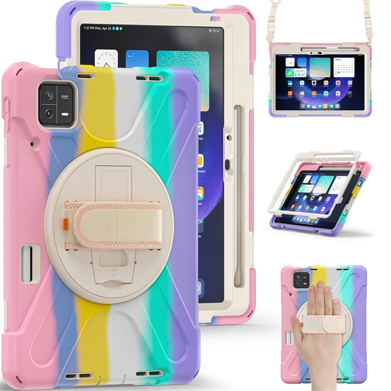 For Xiaomi Pad 6 / Pad 6 Pro Tablet Case PC+Silicone Kickstand Rugged Protective Cover with Hand Strap / Shoulder Strap - Colorful Pink