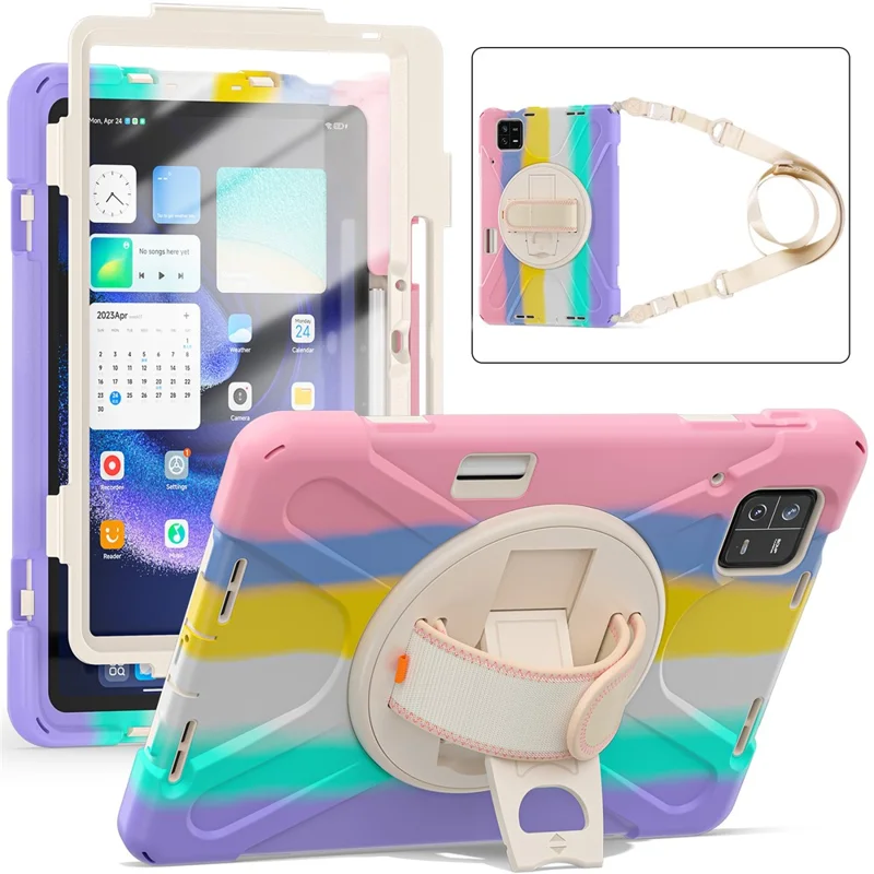 For Xiaomi Pad 6 / Pad 6 Pro Tablet Case PC+Silicone Kickstand Rugged Protective Cover with Hand Strap / Shoulder Strap - Colorful Pink