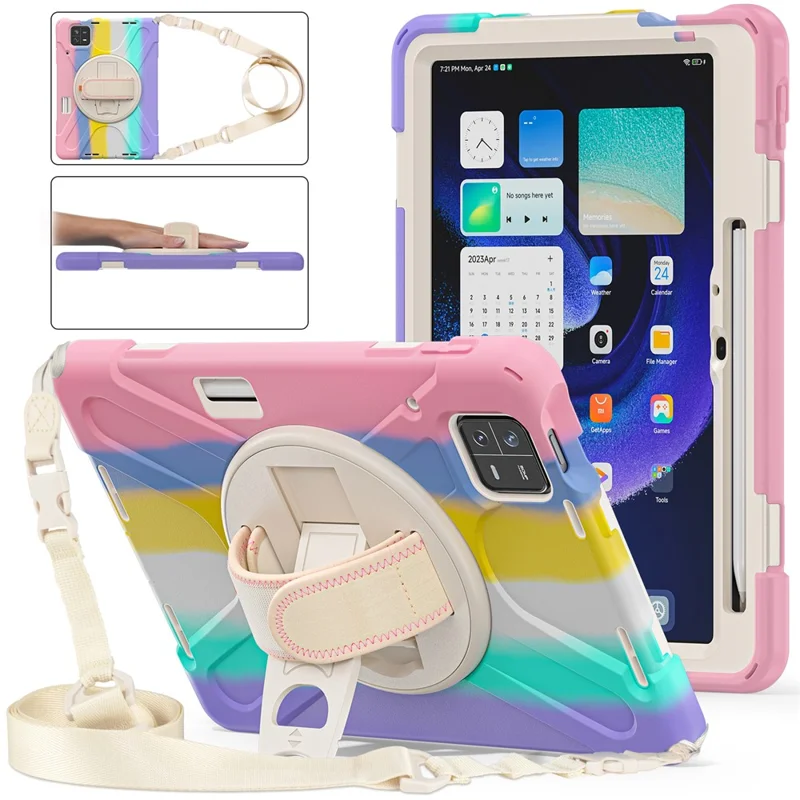 For Xiaomi Pad 6 / Pad 6 Pro Tablet Case PC+Silicone Kickstand Rugged Protective Cover with Hand Strap / Shoulder Strap - Colorful Pink